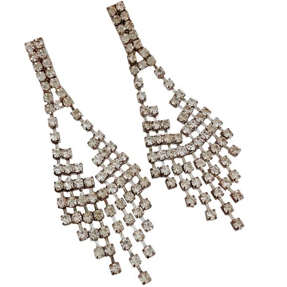 Silver Tone Rhinestone Waterfall Chandelier Earrings Cocktail Evening Jewelry - Picture 1 of 12